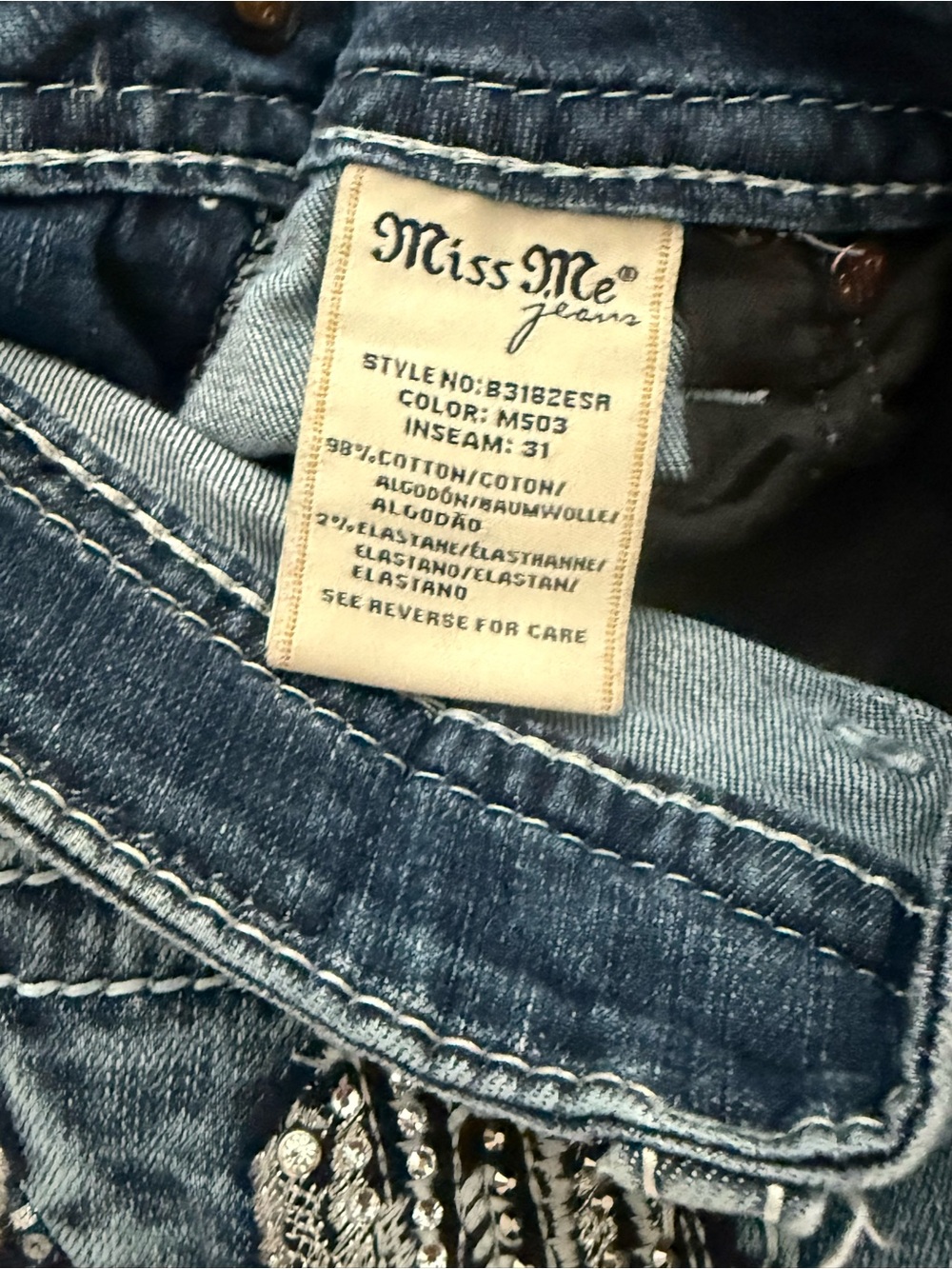 Miss Me Skinny Jeans Medium Wash Stretch Embellished Pockets Size 28 - Picture 7 of 7